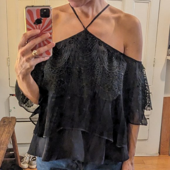 Cinq a Sept - Black Tiered Cold Shoulder Blouse with Lace - Picture 5 of 8